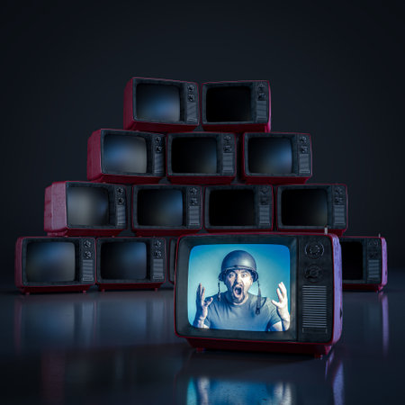 Soldier shouting desperately from retro television