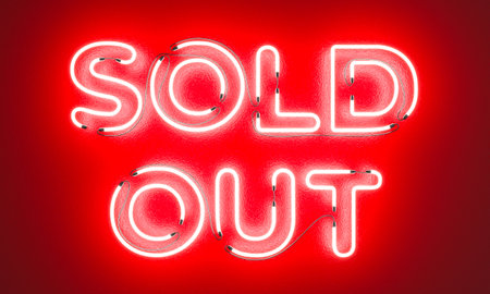 Bright red neon sign showing sold out on red background 3d