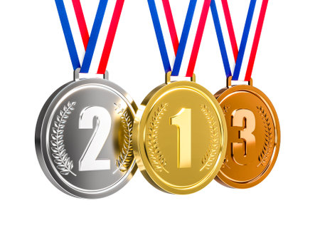 Medals ribbons hanging representing first, second, third place 3dの写真素材