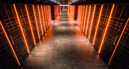 Orange lights server room data center technology equipment 3dの写真素材