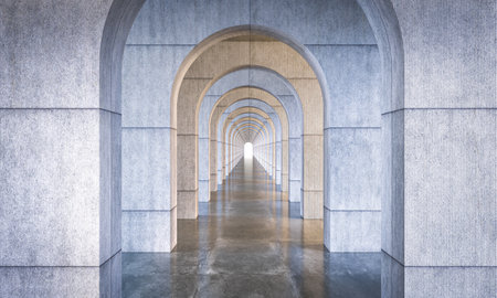 Long corridor with arches 3d modern concrete backgroundの写真素材