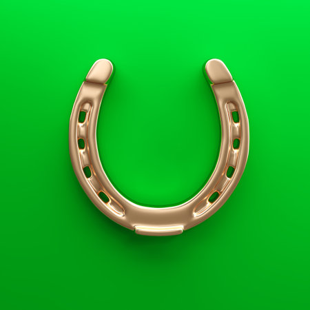 Golden horseshoe on green background representing luck and fortune 3dの写真素材