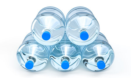 Large plastic water bottles stacked on white background 3dの写真素材