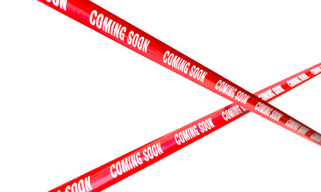 Red ribbons with coming soon text on transparent 3d backgroundの写真素材