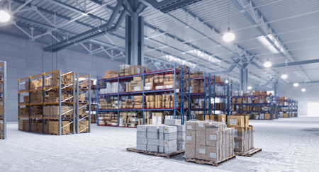 Pallets ready for shipping delivery large distribution warehouse 3dの写真素材
