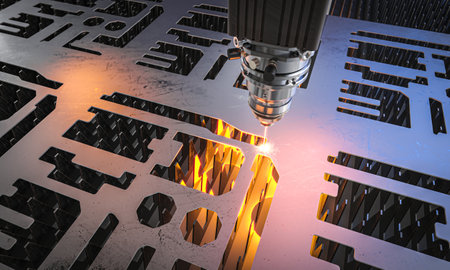 High precision industrial laser cutting metal sheet in automated process 3dの写真素材