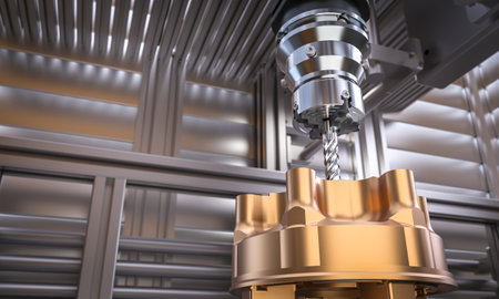 Cnc machine working on a metal part in a factory 3d backgroundの写真素材