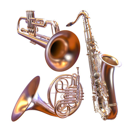 Brass and woodwind instruments on transparent background 3dの写真素材