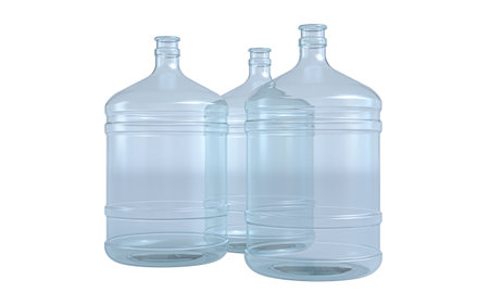 Three large water bottles on transparent 3d backgroundの写真素材