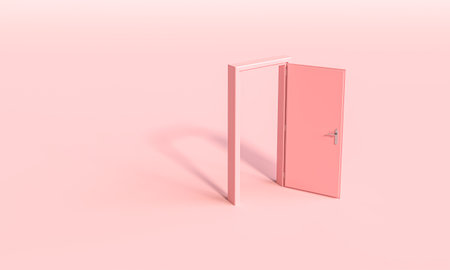 open pink door 3d background, representing new opportunitiesの写真素材