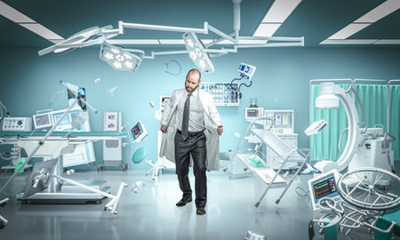 Doctor looking confused while standing in zero gravity operating room with floating medical equipmentの写真素材