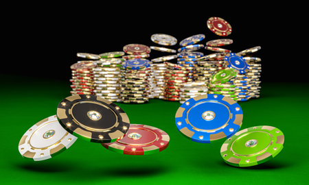 Colorful poker chips with diamonds green table representing casino gambling 3dの写真素材