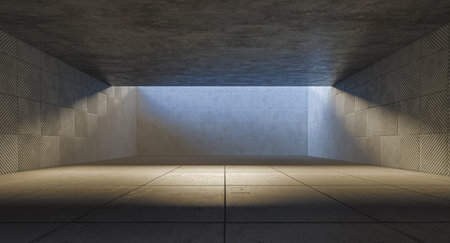 Empty concrete room tiled walls and floor illuminated light from above 3dの写真素材