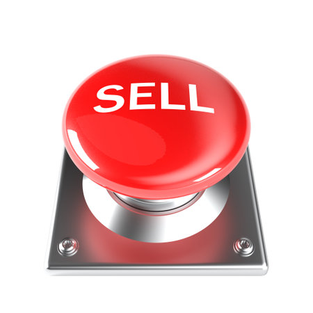 Red sell button on transparent background isolated. 3dの写真素材
