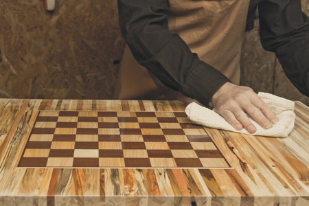 Carpenter polishing a handmade wooden chessboard in his workshopの写真素材