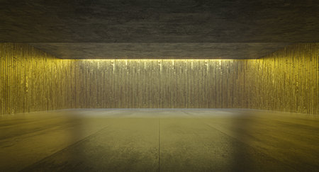 Empty room with golden tiles wall and concrete floor and ceiling 3dの写真素材