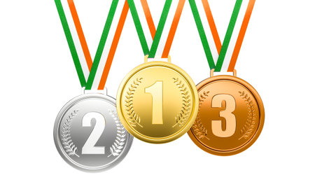 Gold, silver and bronze medals hanging with orange, white and green ribbon 3dの写真素材