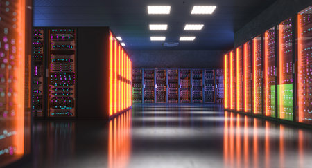 Server room hosting many servers glowing with orange lights 3d backgroundの写真素材