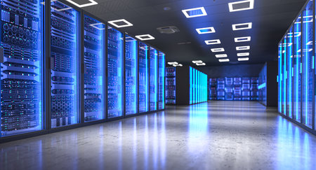 Modern server room data center blue tone 3d backgroundの写真素材
