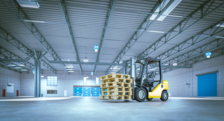 Yellow forklift carrying wooden pallets large industrial warehouse 3dの写真素材