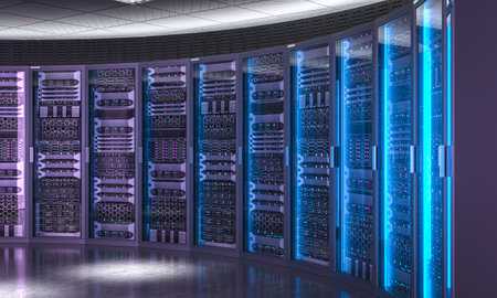 Server room hosting big data interior 3d background