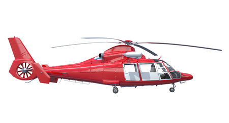 Red and white helicopter hovering with transparent 3d backgroundの写真素材