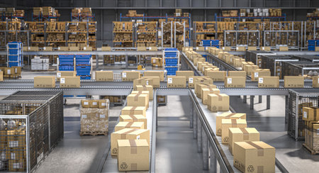 Cardboard boxes on conveyor belts distribution warehouse 3d
