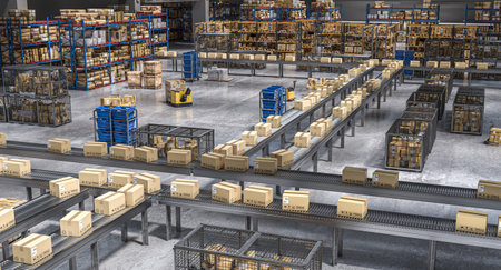 Cardboard boxes are moving on conveyor belts 3d distribution warehouseの写真素材