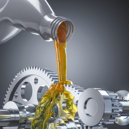 Lubricating oil pouring on industrial gears from plastic bottle 3dの写真素材
