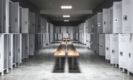 Empty school locker room with wooden benches and gray lockers 3Dの写真素材