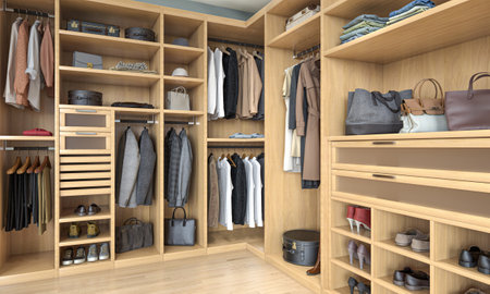 Modern closet with clothes and accessories 3d backgroundの写真素材