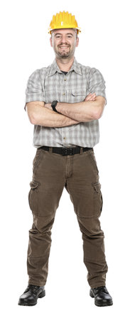Smiling construction worker crossing arms on transparent backgroundの写真素材