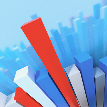 Red bar leading the growth in colorful 3d bar chart on blue background