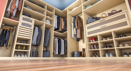 Modern walk in closet storing clothes, shoes, bags and accessories 3dの写真素材