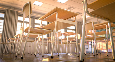 Empty classroom with wooden desks and chairs detail. 3d backgroundの写真素材