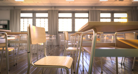 Empty classic classroom school wooden chairs and sunlight 3dの写真素材
