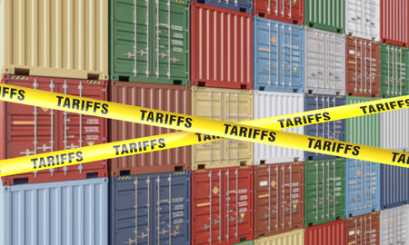 Tariffs blocking international trade cargo containers caution tape 3dの写真素材