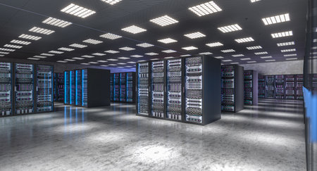 Server room hosting many servers operating in data center 3d