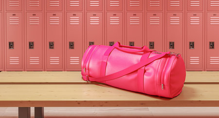 Pink gym bag placed on wooden bench in gym 3dの写真素材