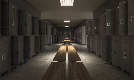 Empty school locker room with wooden benches and gray lockers 3dの写真素材