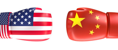 Boxing gloves showing american and chinese flags isolated 3dの写真素材