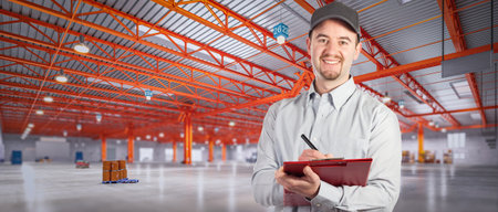 Warehouse smiling supervisor writing notes on clipboard