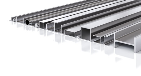 Different rolled metal products lying on white 3dの写真素材