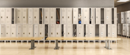 School lockers containing sports equipment empty locker room 3dの写真素材
