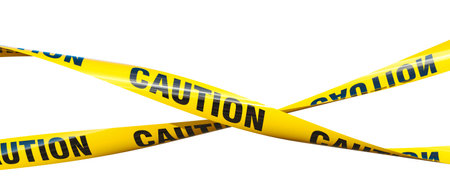 Yellow caution tape crossing on transparent 3d backgroundの写真素材