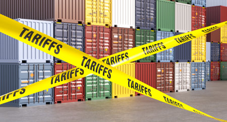 Yellow barrier tape with the word tariffs shipping containers 3d