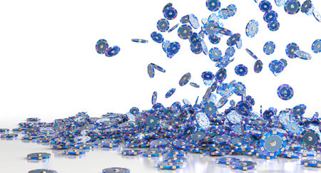 Blue poker chips falling on white background 3dの写真素材