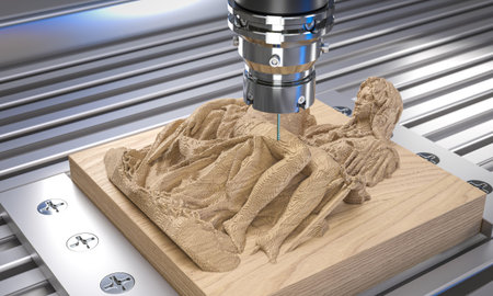 Cnc machine carving wooden statue 3d imageの写真素材
