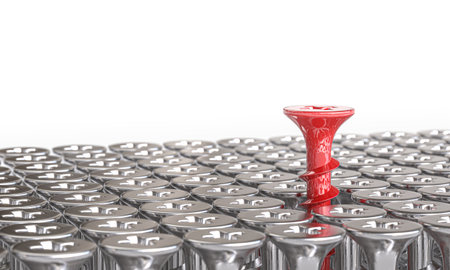 One red screw is standing out from many identical metal 3d