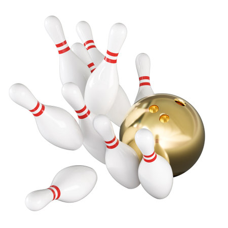 Golden bowling ball knocking down white pins 3d transparent backgroundの写真素材